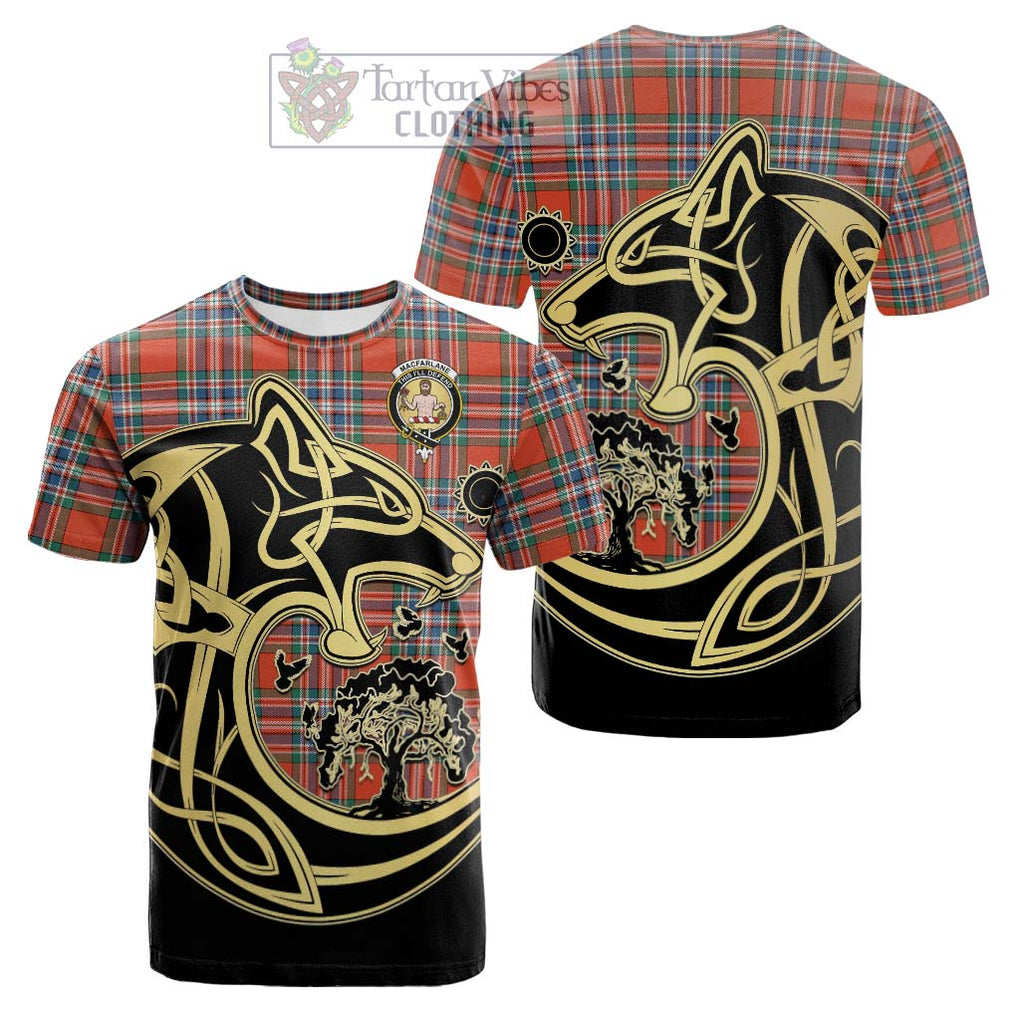 Tartan Vibes Clothing MacFarlane Ancient Tartan Cotton T-shirt with Family Crest Celtic Wolf Style