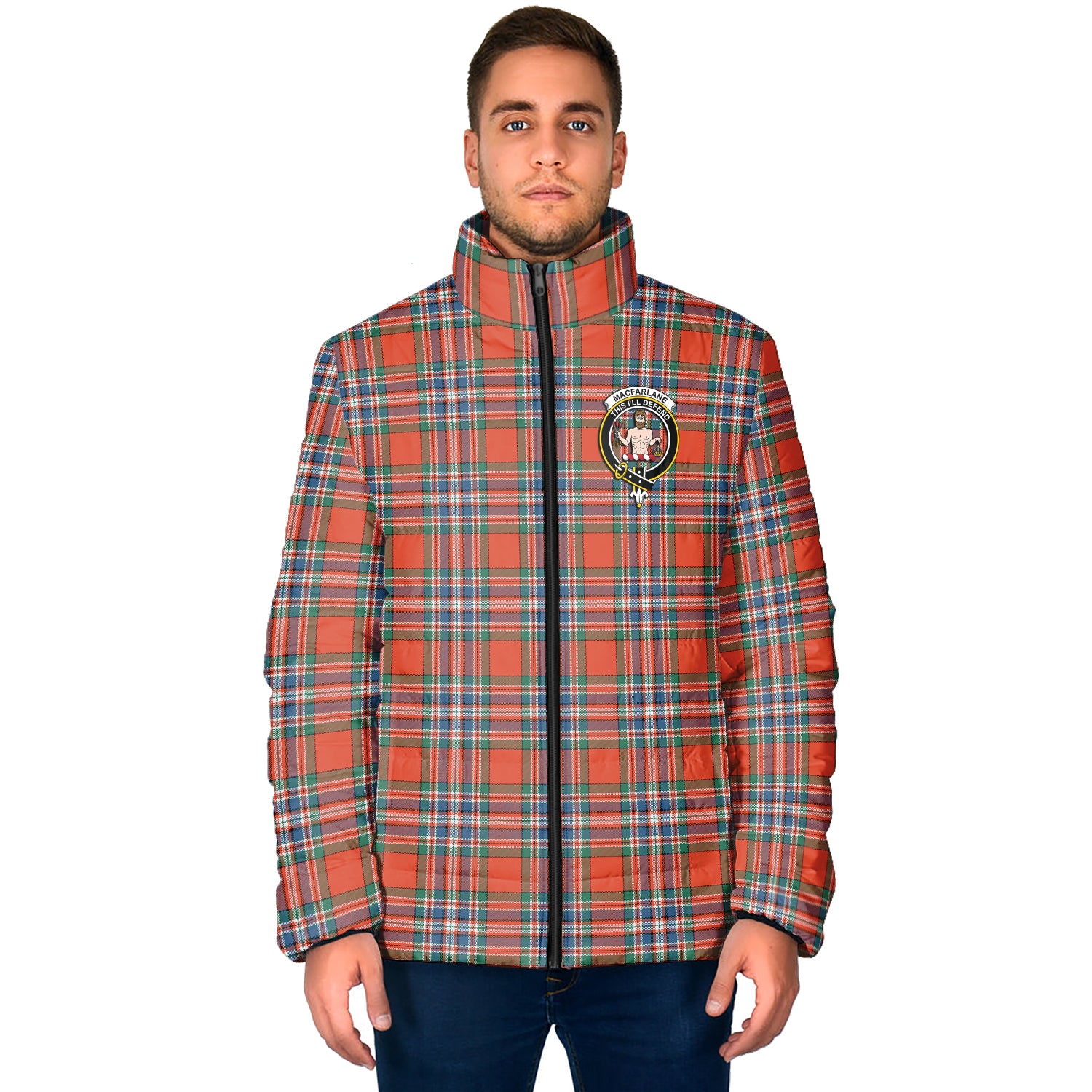 MacFarlane Ancient Tartan Padded Jacket with Family Crest - Tartan Vibes Clothing