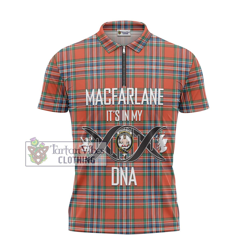 MacFarlane Ancient Tartan Zipper Polo Shirt with Family Crest DNA In Me Style - Tartanvibesclothing Shop