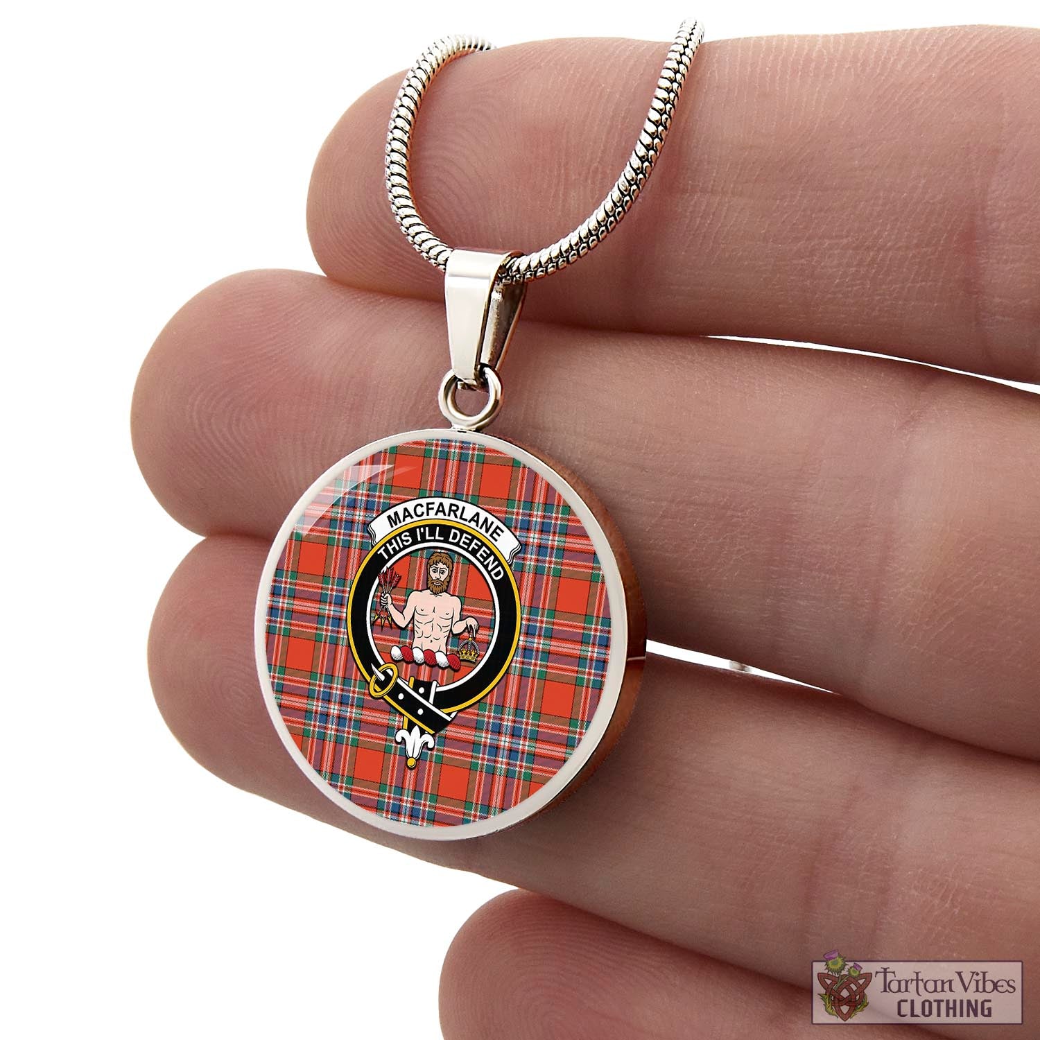 Tartan Vibes Clothing MacFarlane Ancient Tartan Circle Necklace with Family Crest