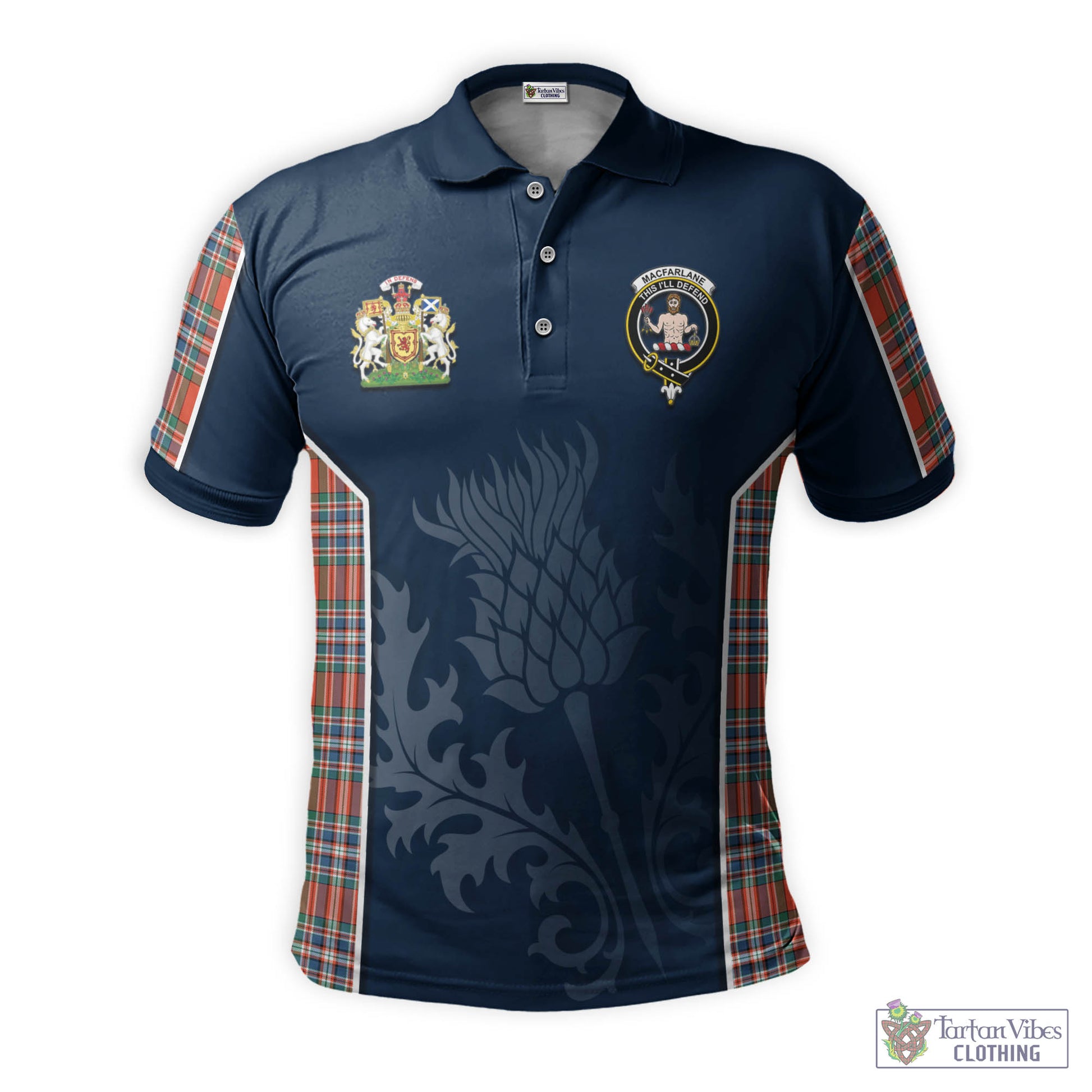 Tartan Vibes Clothing MacFarlane Ancient Tartan Men's Polo Shirt with Family Crest and Scottish Thistle Vibes Sport Style