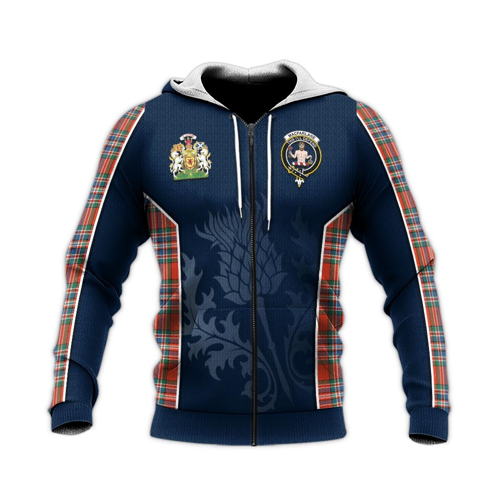 Tartan Vibes Clothing MacFarlane Ancient Tartan Knitted Hoodie with Family Crest and Scottish Thistle Vibes Sport Style