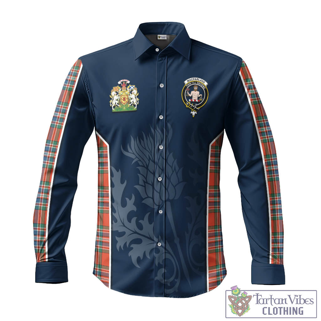 Tartan Vibes Clothing MacFarlane Ancient Tartan Long Sleeve Button Up Shirt with Family Crest and Scottish Thistle Vibes Sport Style