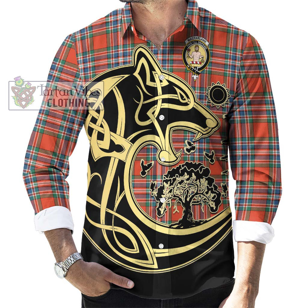 MacFarlane Ancient Tartan Long Sleeve Button Shirt with Family Crest Celtic Wolf Style - Tartan Vibes Clothing