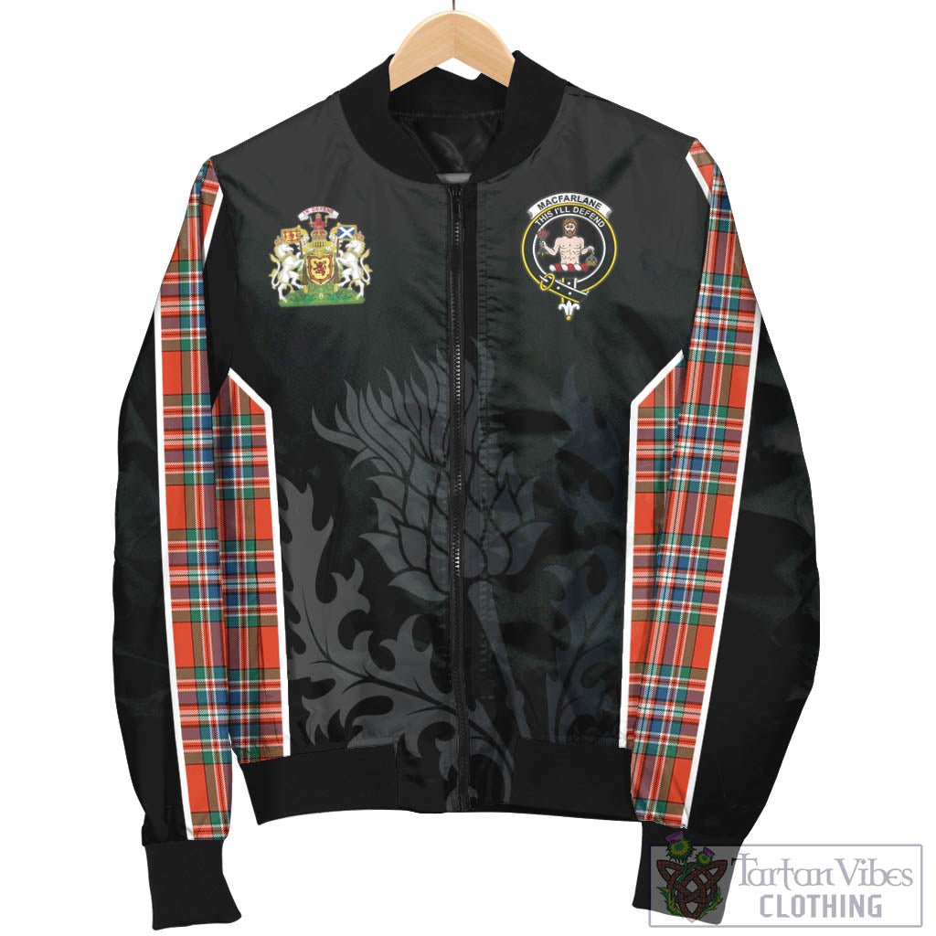 Tartan Vibes Clothing MacFarlane Ancient Tartan Bomber Jacket with Family Crest and Scottish Thistle Vibes Sport Style