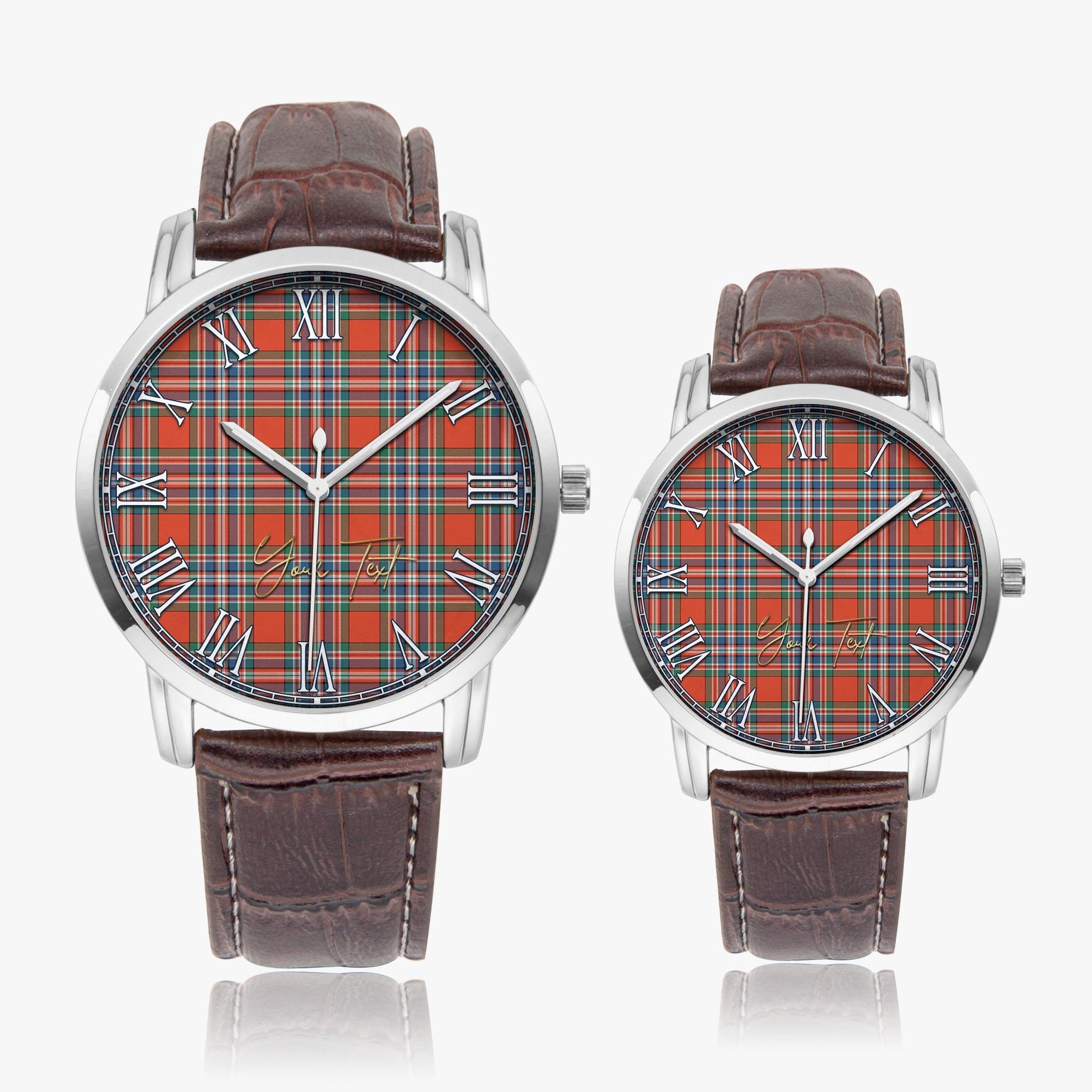 MacFarlane Ancient Tartan Personalized Your Text Leather Trap Quartz Watch Wide Type Silver Case With Brown Leather Strap - Tartanvibesclothing