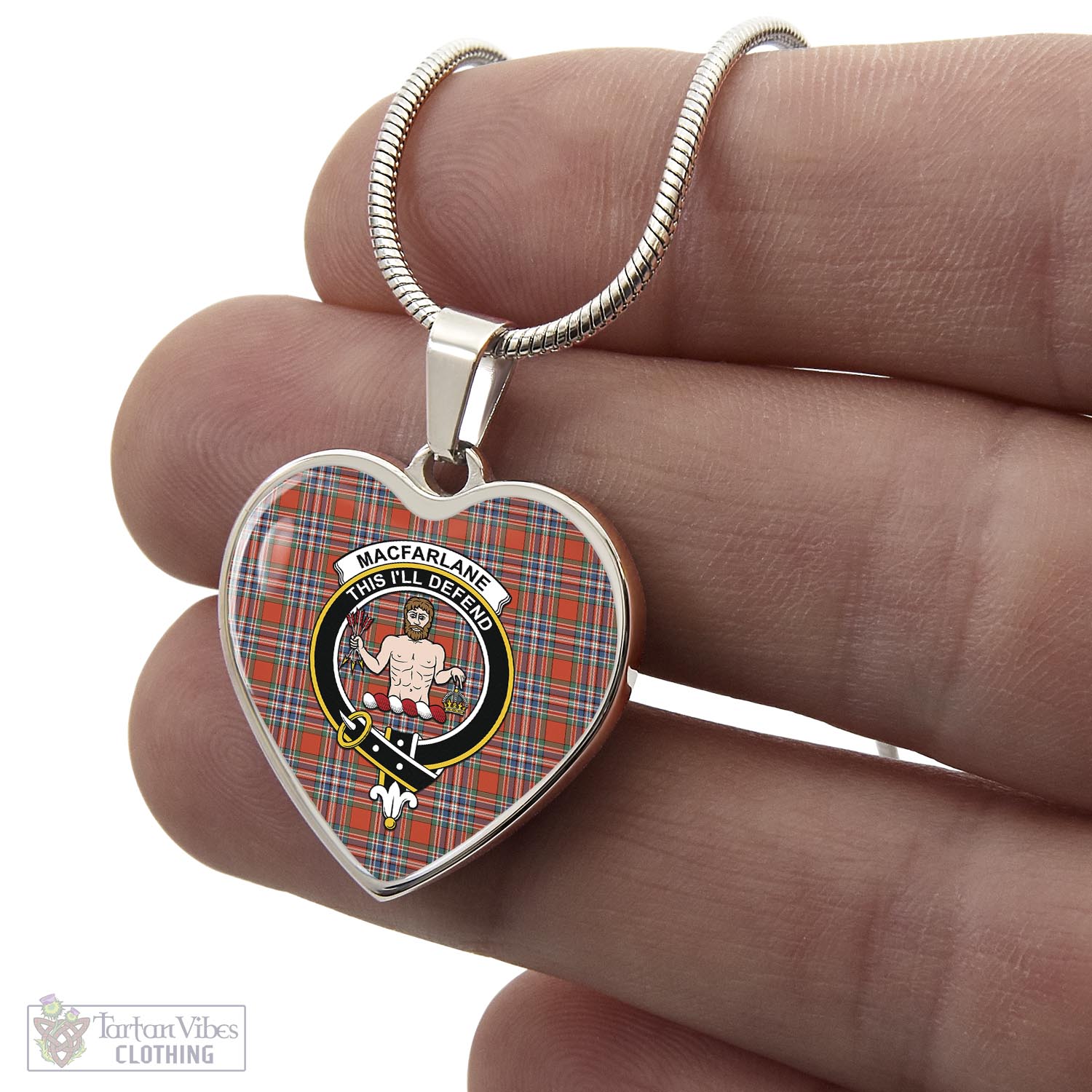 Tartan Vibes Clothing MacFarlane Ancient Tartan Heart Necklace with Family Crest