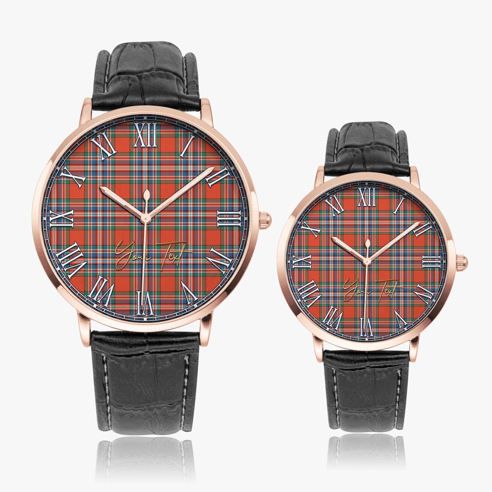 MacFarlane Ancient Tartan Personalized Your Text Leather Trap Quartz Watch Ultra Thin Rose Gold Case With Black Leather Strap - Tartanvibesclothing