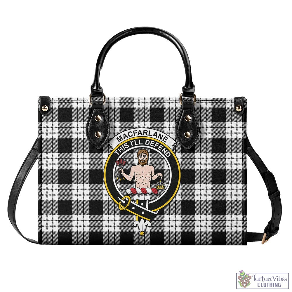 Tartan Vibes Clothing MacFarlane Black White Tartan Luxury Leather Handbags with Family Crest