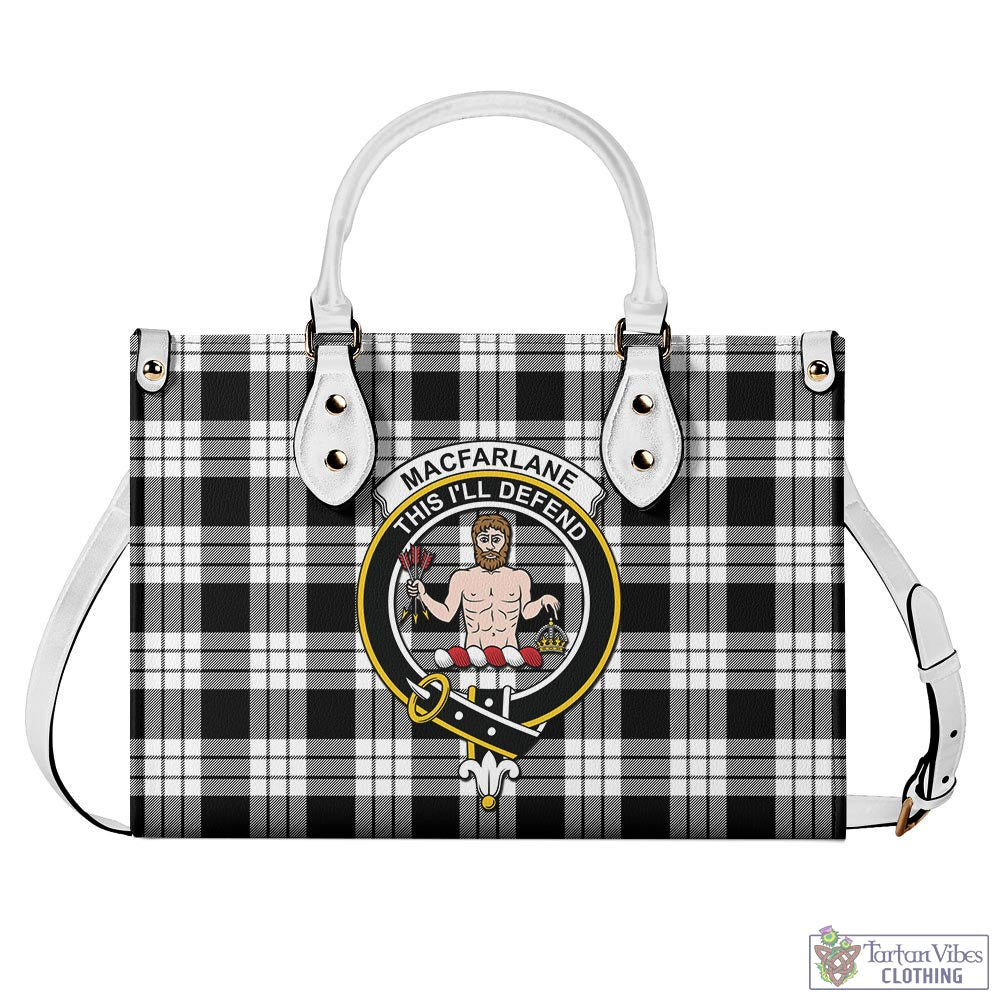 Tartan Vibes Clothing MacFarlane Black White Tartan Luxury Leather Handbags with Family Crest