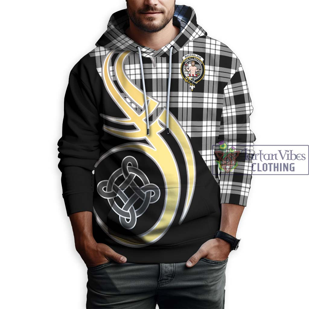 Tartan Vibes Clothing MacFarlane Black White Tartan Hoodie with Family Crest and Celtic Symbol Style