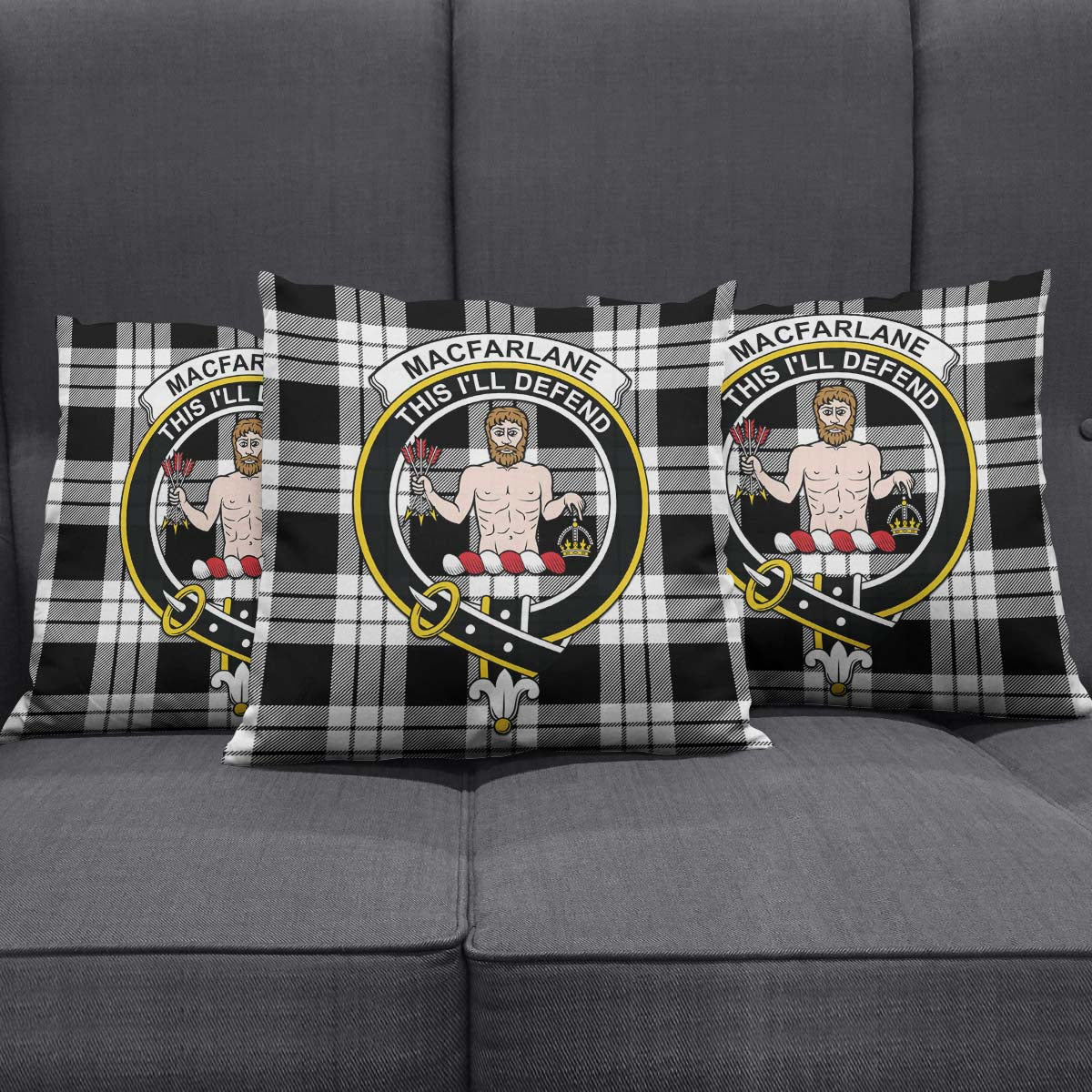 MacFarlane Black White Tartan Pillow Cover with Family Crest Square Pillow Cover - Tartanvibesclothing