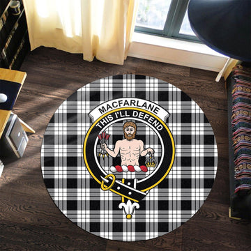 MacFarlane Black White Tartan Round Rug with Family Crest