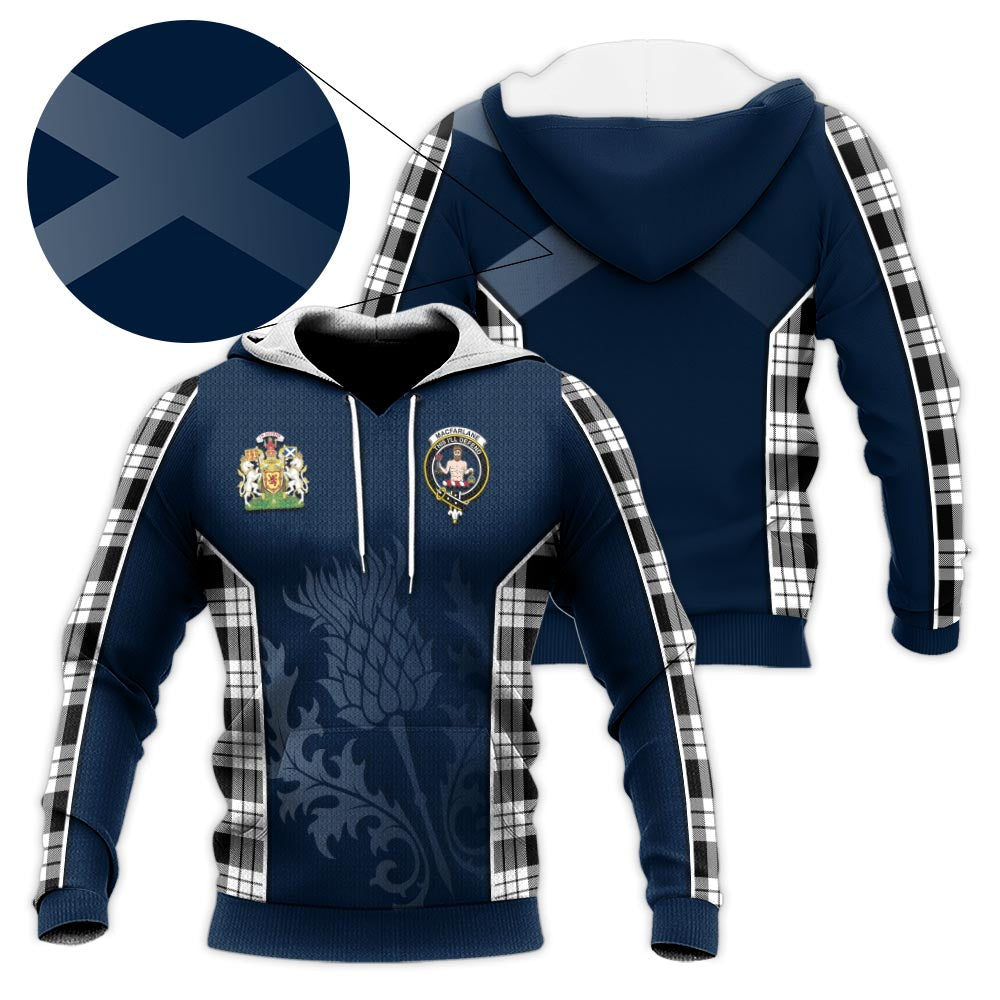 Tartan Vibes Clothing MacFarlane Black White Tartan Knitted Hoodie with Family Crest and Scottish Thistle Vibes Sport Style