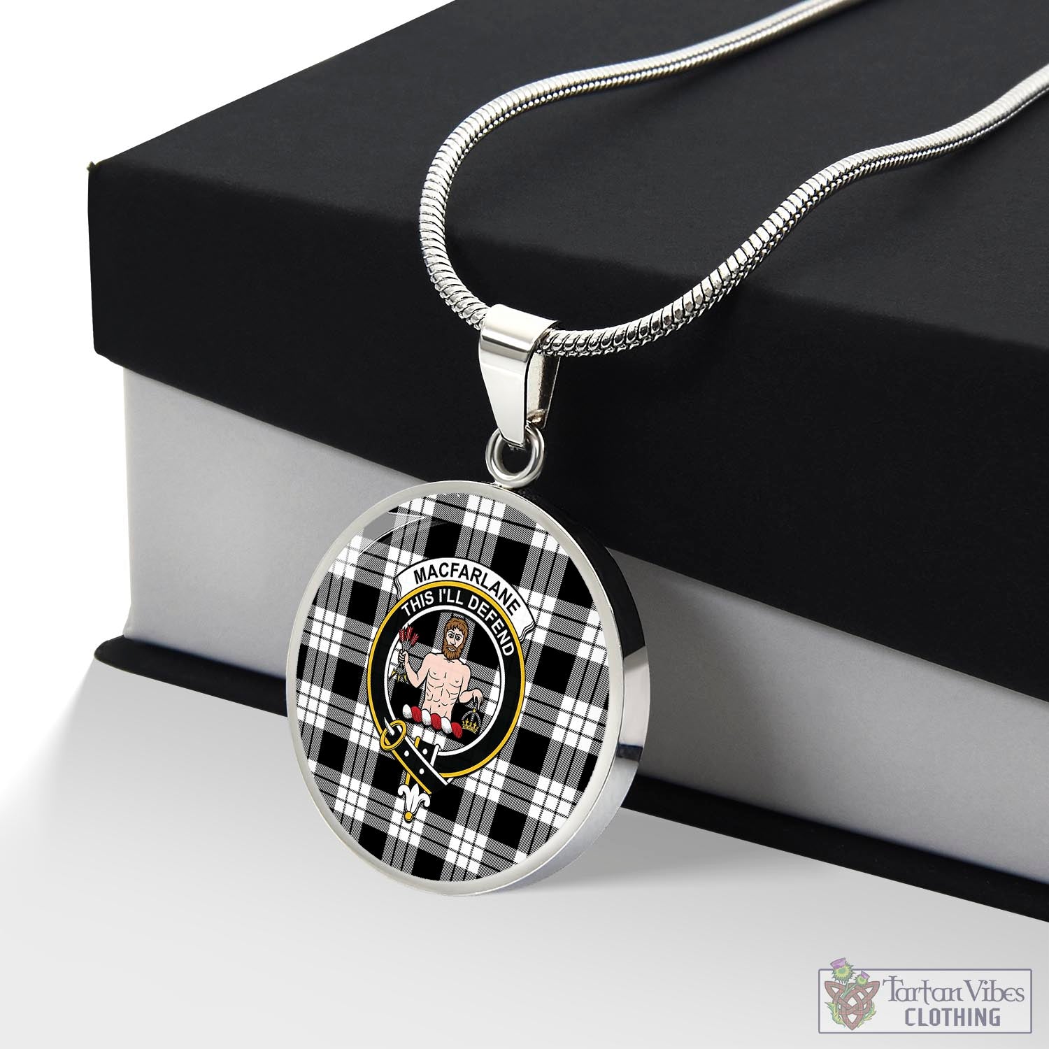 Tartan Vibes Clothing MacFarlane Black White Tartan Circle Necklace with Family Crest