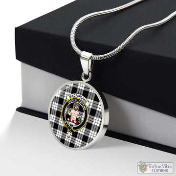 MacFarlane Black White Tartan Circle Necklace with Family Crest