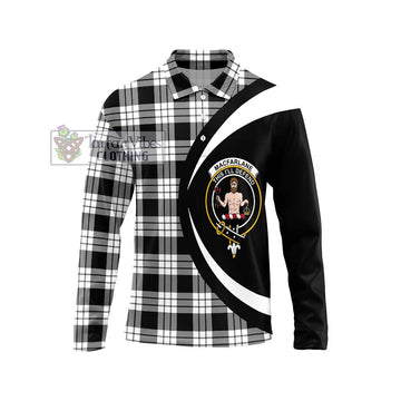 MacFarlane Black White Tartan Long Sleeve Polo Shirt with Family Crest Circle Style