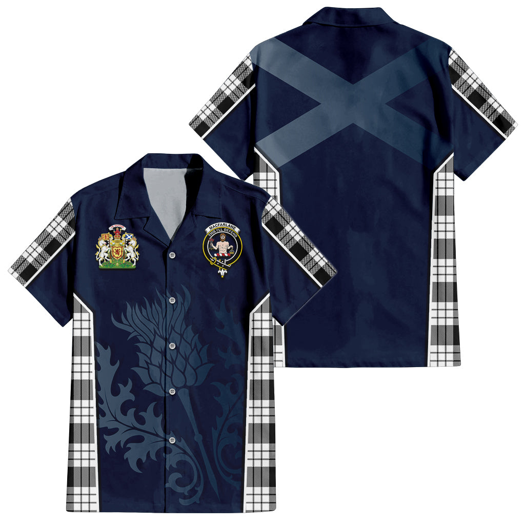 Tartan Vibes Clothing MacFarlane Black White Tartan Short Sleeve Button Up Shirt with Family Crest and Scottish Thistle Vibes Sport Style