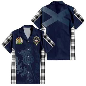 MacFarlane Black White Tartan Short Sleeve Button Up Shirt with Family Crest and Scottish Thistle Vibes Sport Style