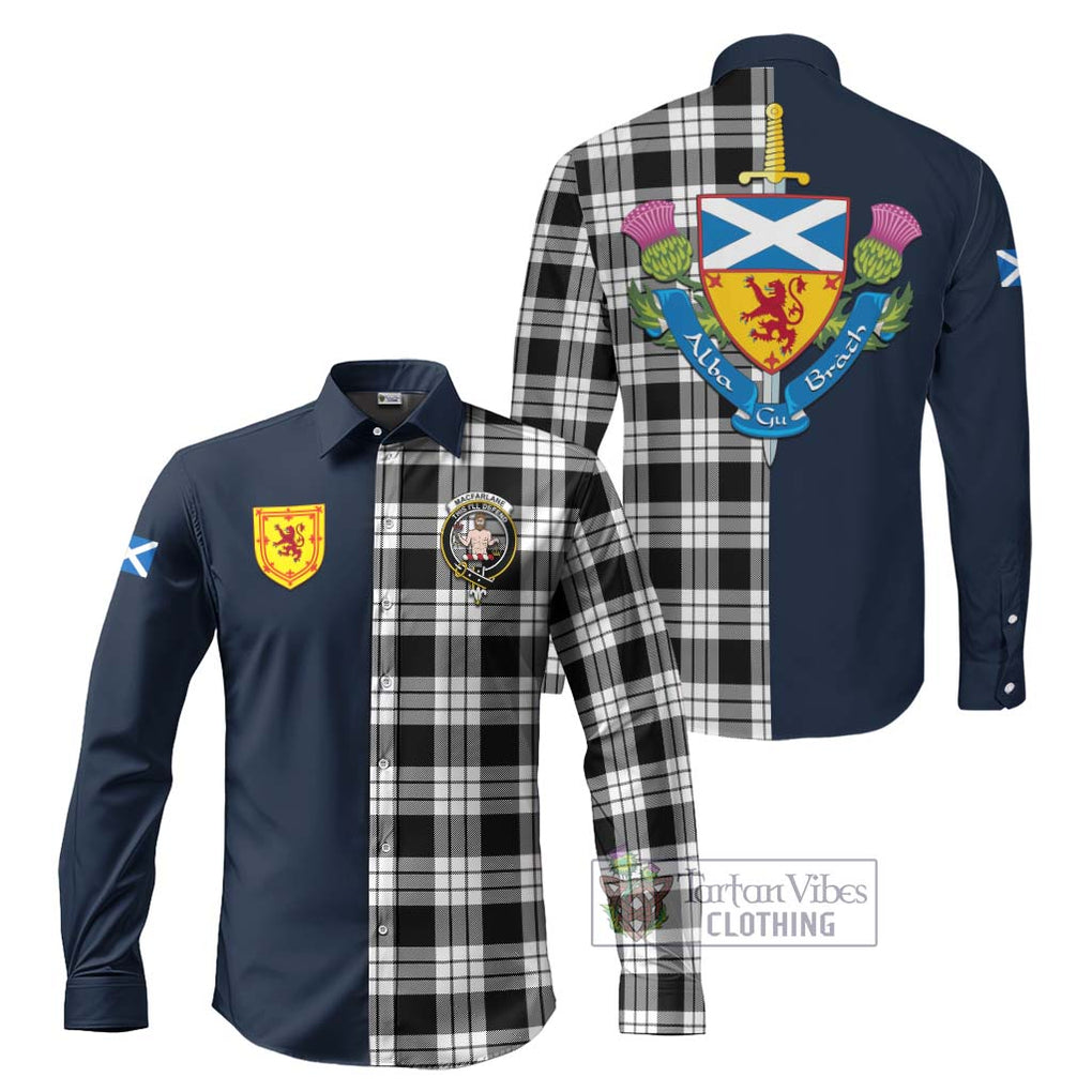 Tartan Vibes Clothing MacFarlane Black White Tartan Long Sleeve Button Shirt with Scottish Lion Royal Arm Half Style