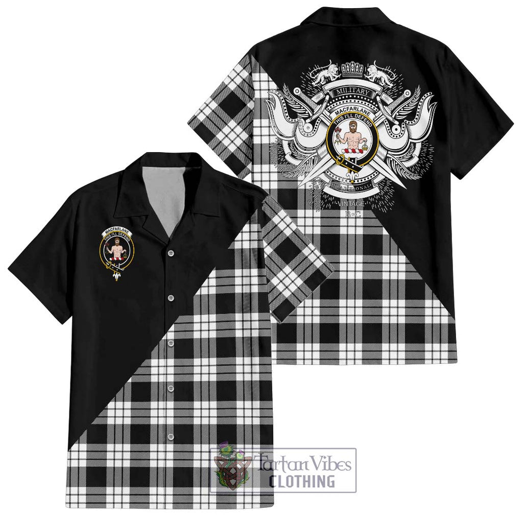 MacFarlane Black White Tartan Short Sleeve Button Shirt with Family Crest and Military Logo Style Kid - Tartanvibesclothing Shop