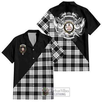 MacFarlane Black White Tartan Short Sleeve Button Shirt with Family Crest and Military Logo Style