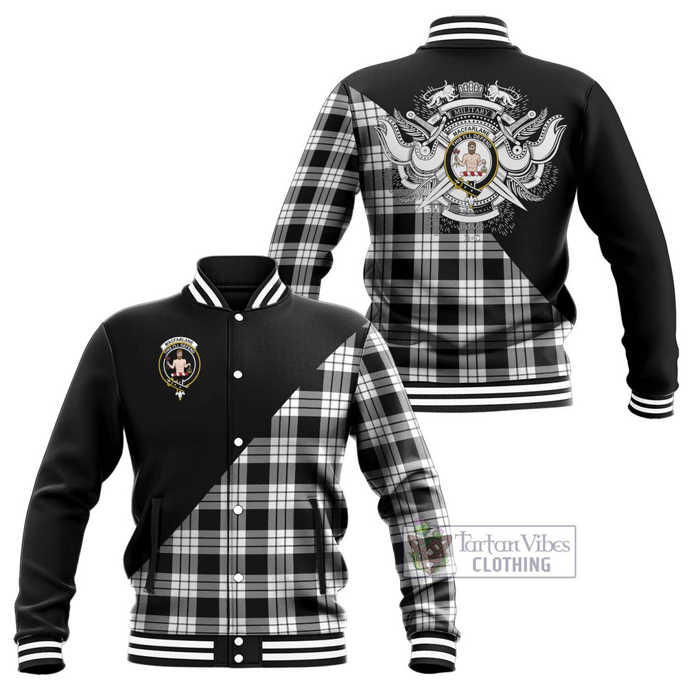 MacFarlane Black White Tartan Baseball Jacket with Family Crest and Military Logo Style Unisex - Tartanvibesclothing Shop