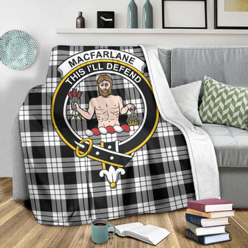 MacFarlane Black White Tartan Blanket with Family Crest