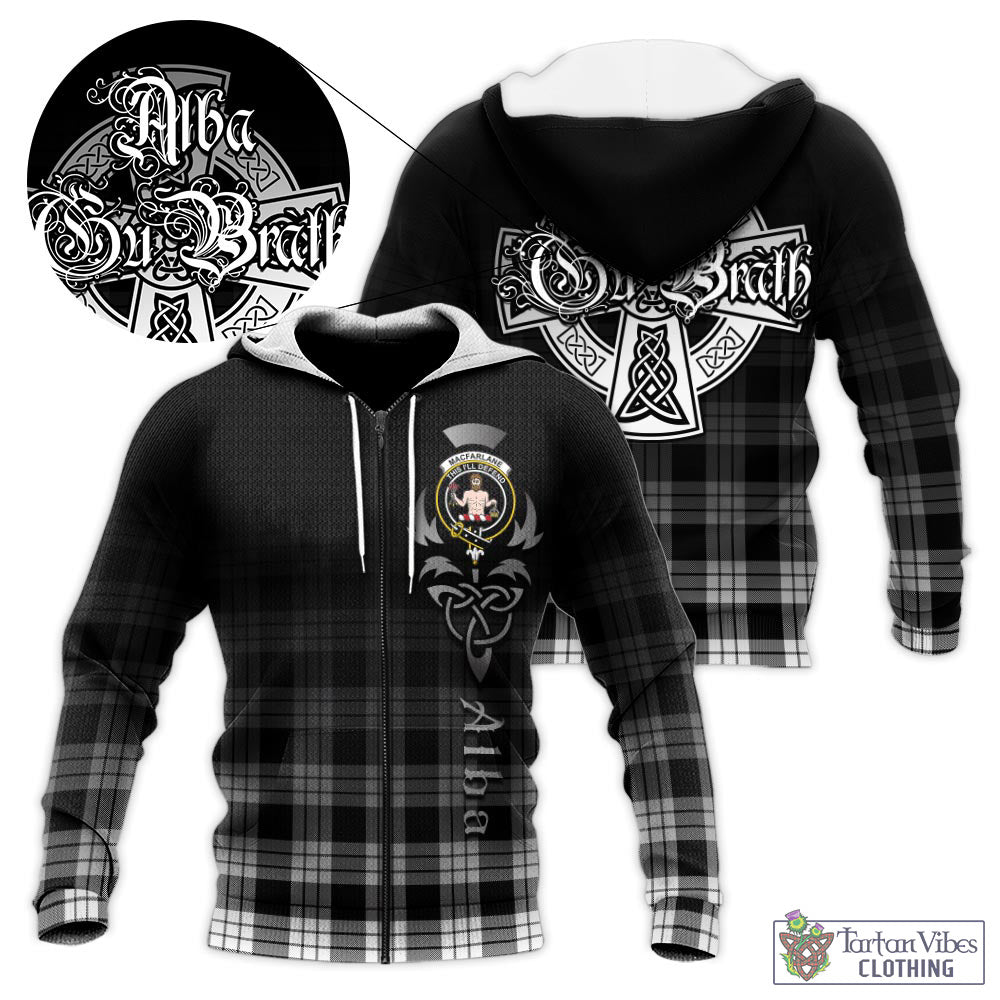 Tartan Vibes Clothing MacFarlane Black White Tartan Knitted Hoodie Featuring Alba Gu Brath Family Crest Celtic Inspired