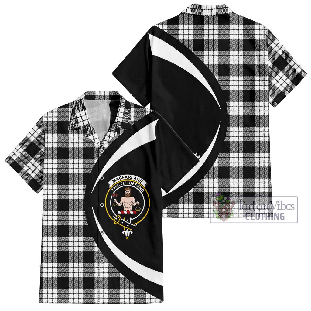 MacFarlane Black White Tartan Short Sleeve Button Up with Family Crest Circle Style Kid - Tartan Vibes Clothing