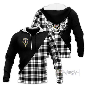 MacFarlane Black White Tartan Knitted Hoodie with Family Crest and Military Logo Style