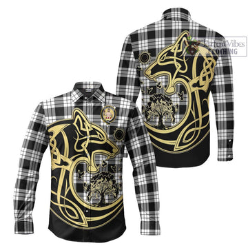 MacFarlane Black White Tartan Long Sleeve Button Shirt with Family Crest Celtic Wolf Style