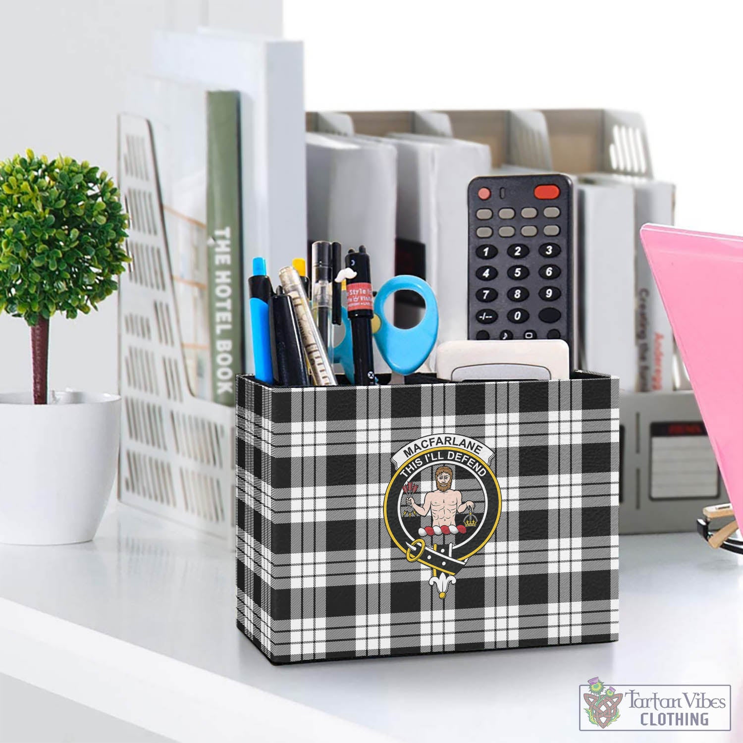 Tartan Vibes Clothing MacFarlane Black White Tartan Pen Holder with Family Crest