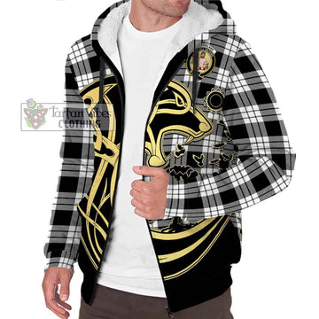 MacFarlane Black White Tartan Sherpa Hoodie with Family Crest Celtic Wolf Style