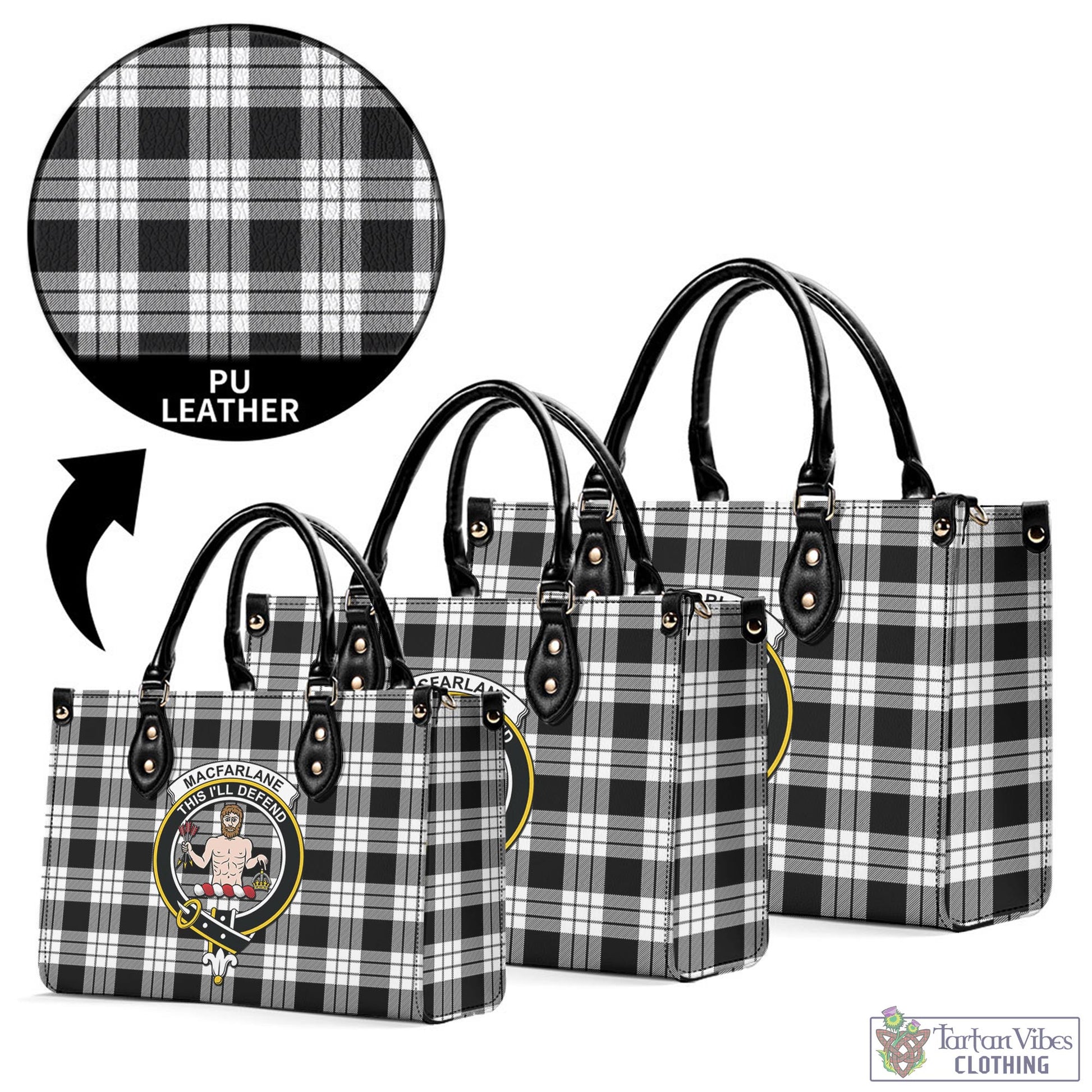 Tartan Vibes Clothing MacFarlane Black White Tartan Luxury Leather Handbags with Family Crest