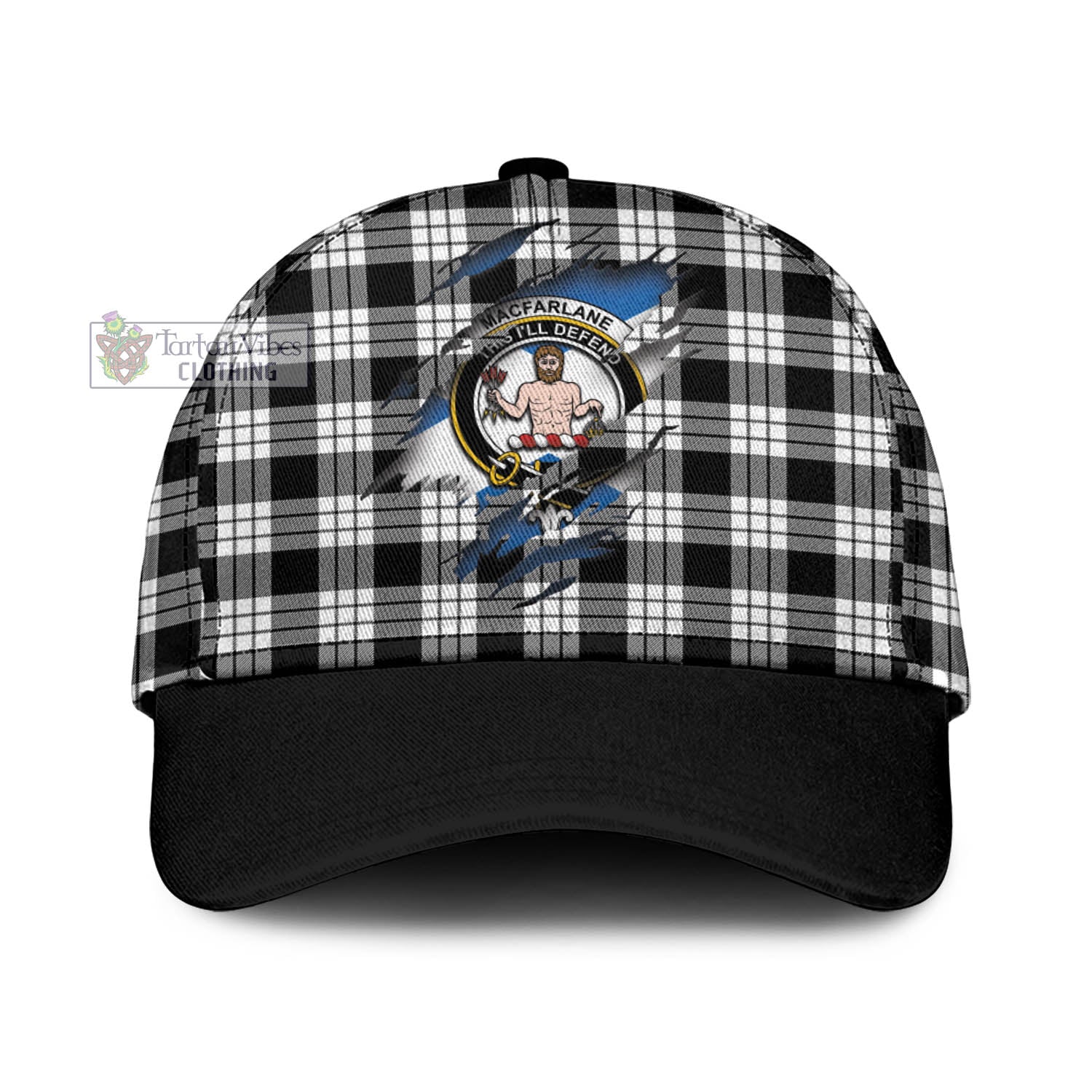 Tartan Vibes Clothing MacFarlane Black White Tartan Classic Cap with Family Crest In Me Style