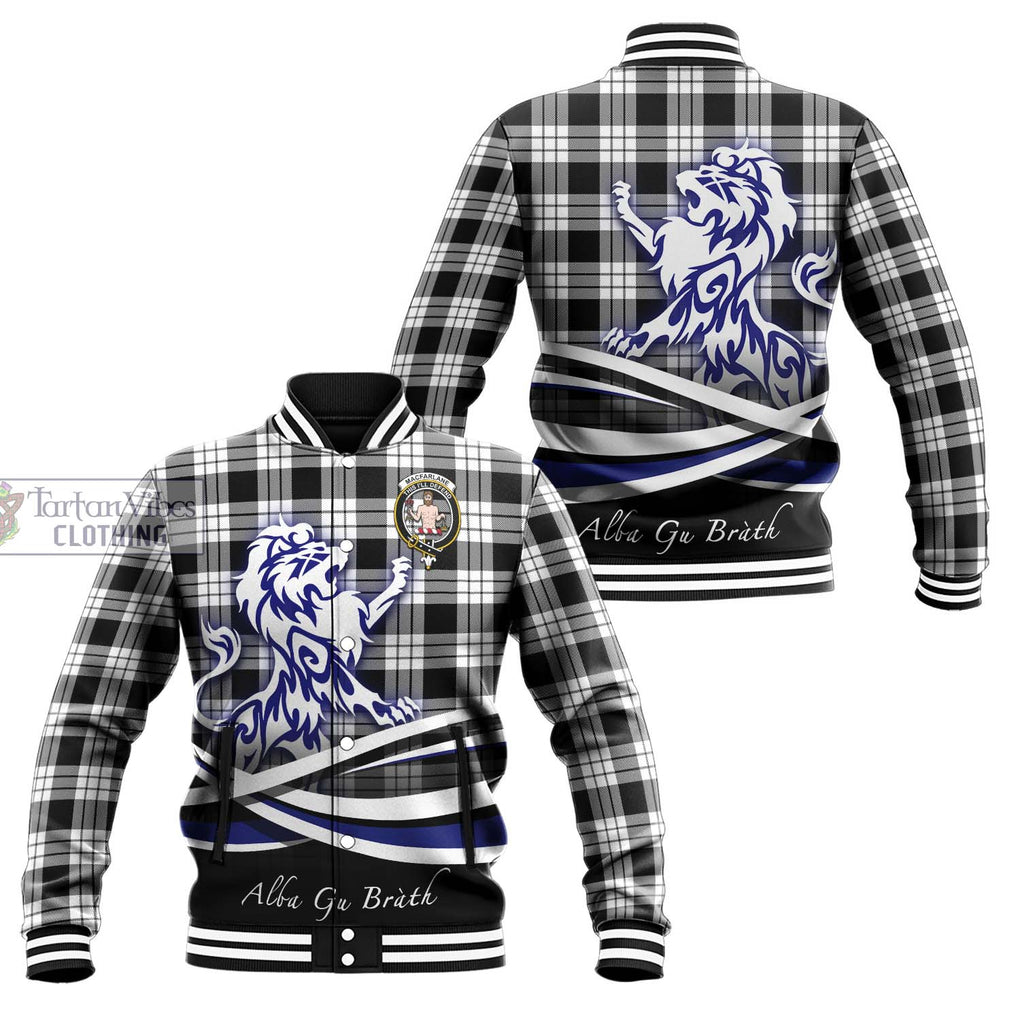 MacFarlane Black White Tartan Baseball Jacket with Alba Gu Brath Regal Lion Emblem Unisex - Tartanvibesclothing Shop