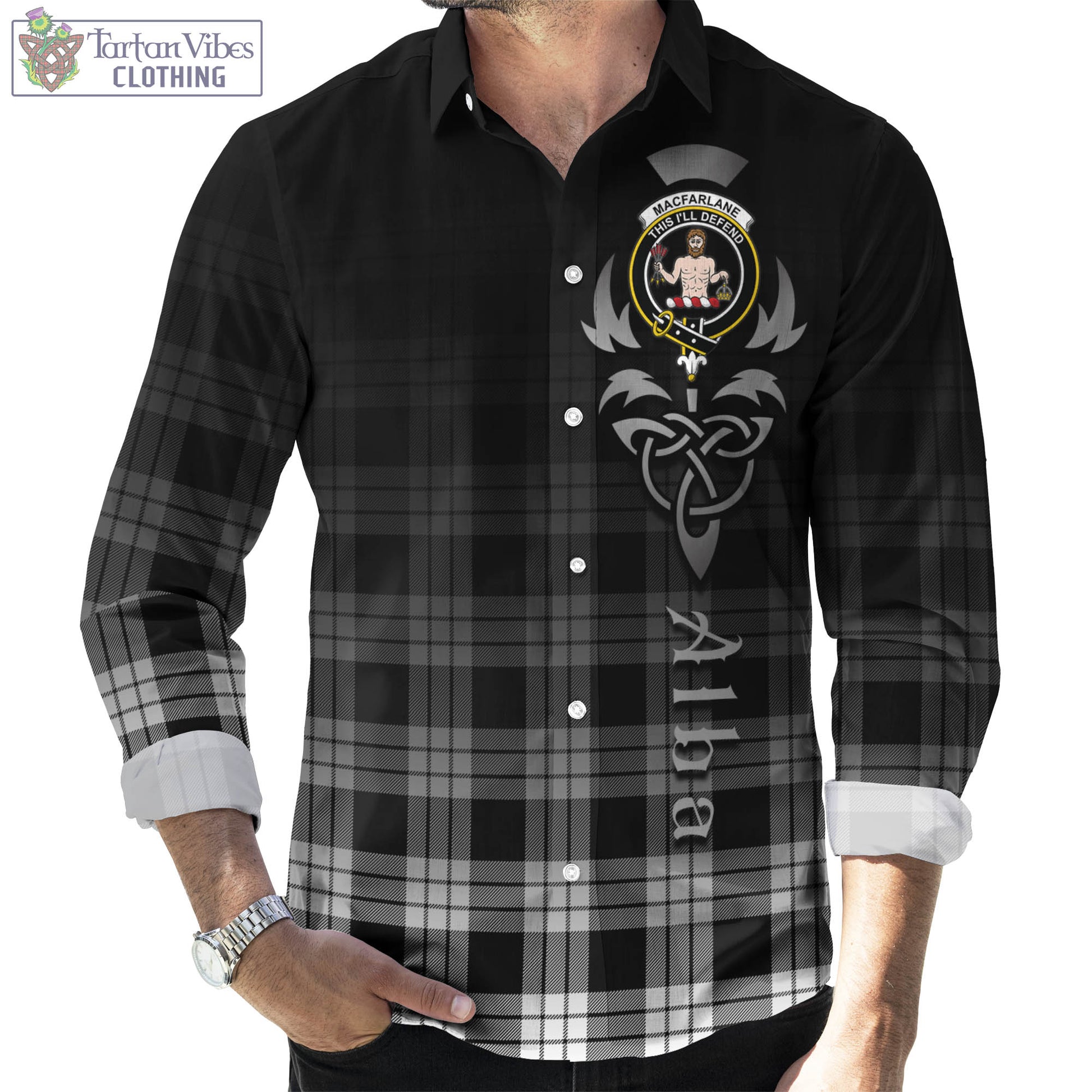 Tartan Vibes Clothing MacFarlane Black White Tartan Long Sleeve Button Up Featuring Alba Gu Brath Family Crest Celtic Inspired