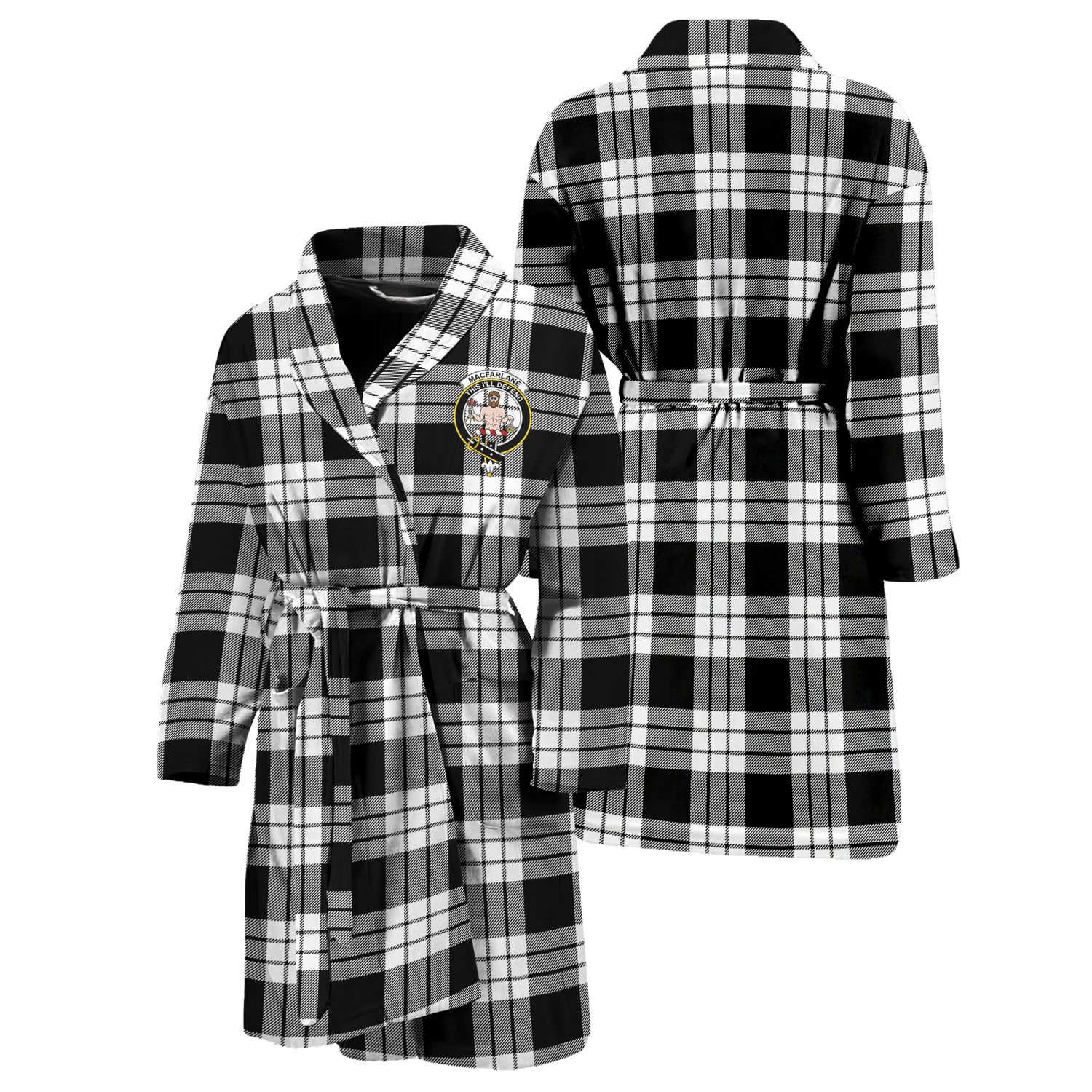 MacFarlane Black White Tartan Bathrobe with Family Crest Unisex S - Tartan Vibes Clothing