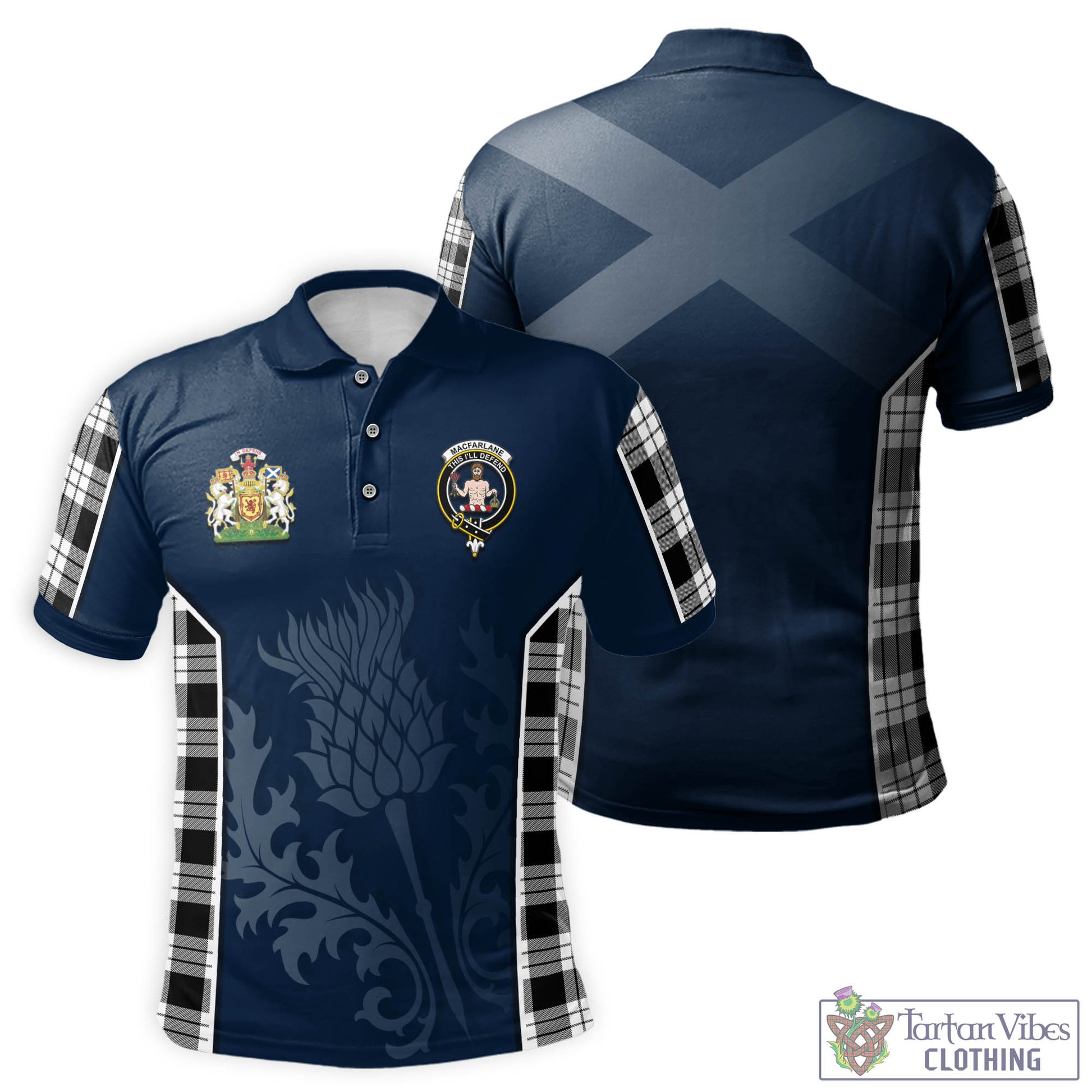 Tartan Vibes Clothing MacFarlane Black White Tartan Men's Polo Shirt with Family Crest and Scottish Thistle Vibes Sport Style