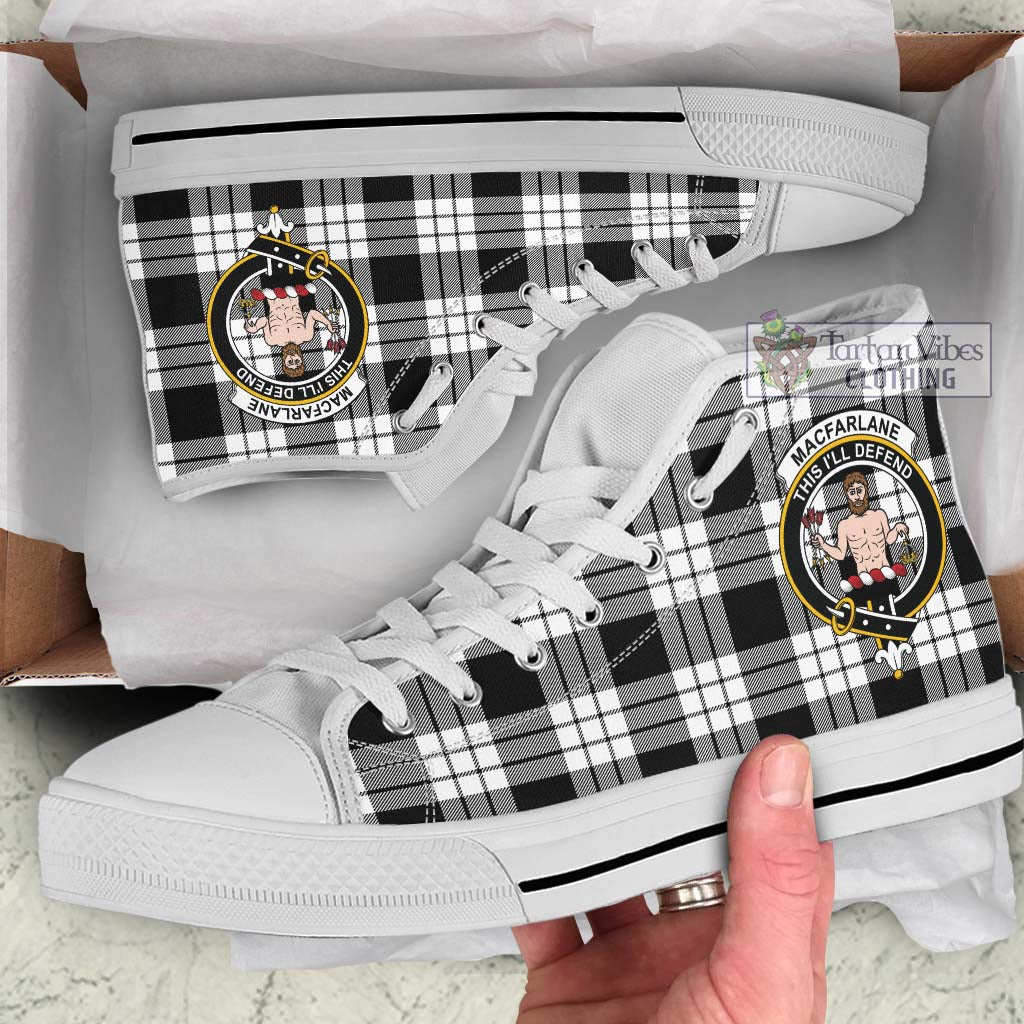 Tartan Vibes Clothing MacFarlane Black White Tartan High Top Shoes with Family Crest