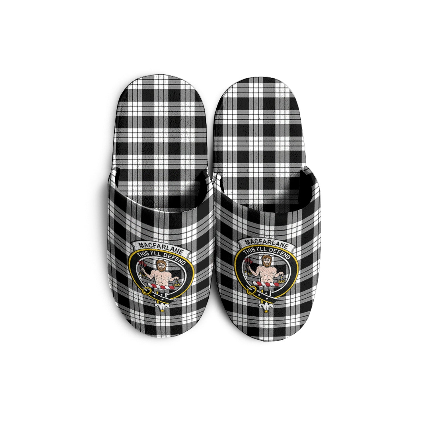 MacFarlane Black White Tartan Home Slippers with Family Crest - Tartanvibesclothing