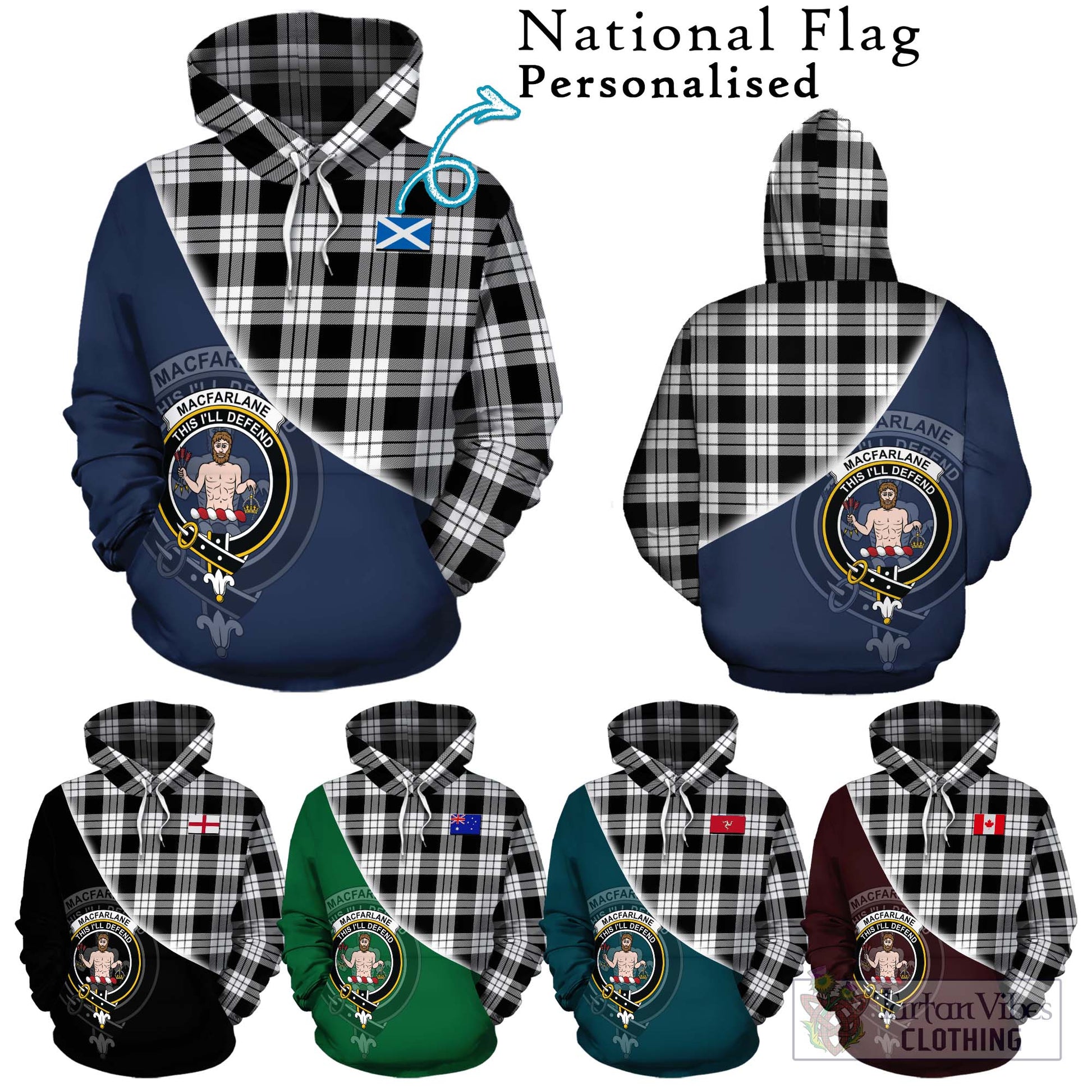 Tartan Vibes Clothing MacFarlane Black White Tartan Hoodie with Personalised National Flag and Family Crest Half Style