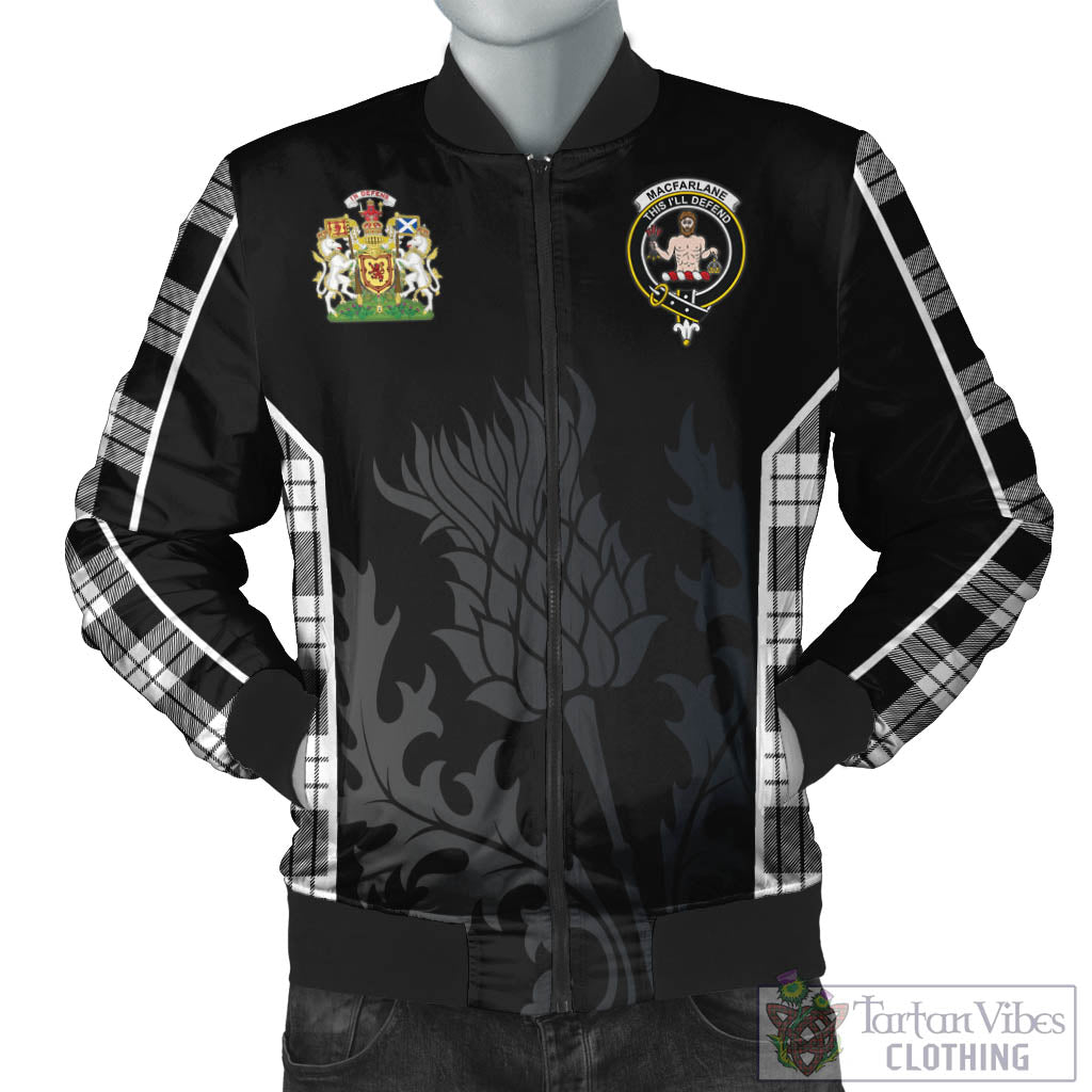 Tartan Vibes Clothing MacFarlane Black White Tartan Bomber Jacket with Family Crest and Scottish Thistle Vibes Sport Style