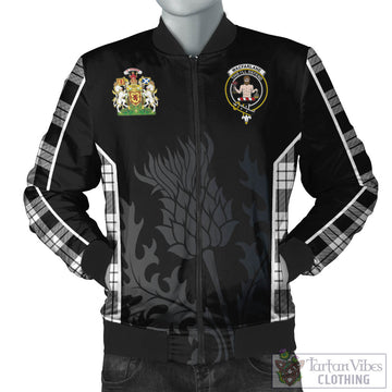 MacFarlane Black White Tartan Bomber Jacket with Family Crest and Scottish Thistle Vibes Sport Style