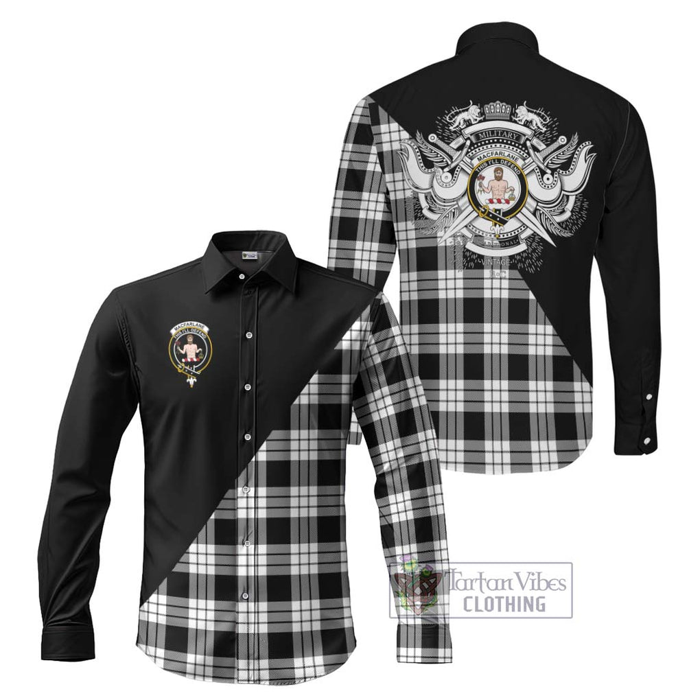 MacFarlane Black White Tartan Long Sleeve Button Shirt with Family Crest and Military Logo Style Men's Shirt S - Tartanvibesclothing Shop