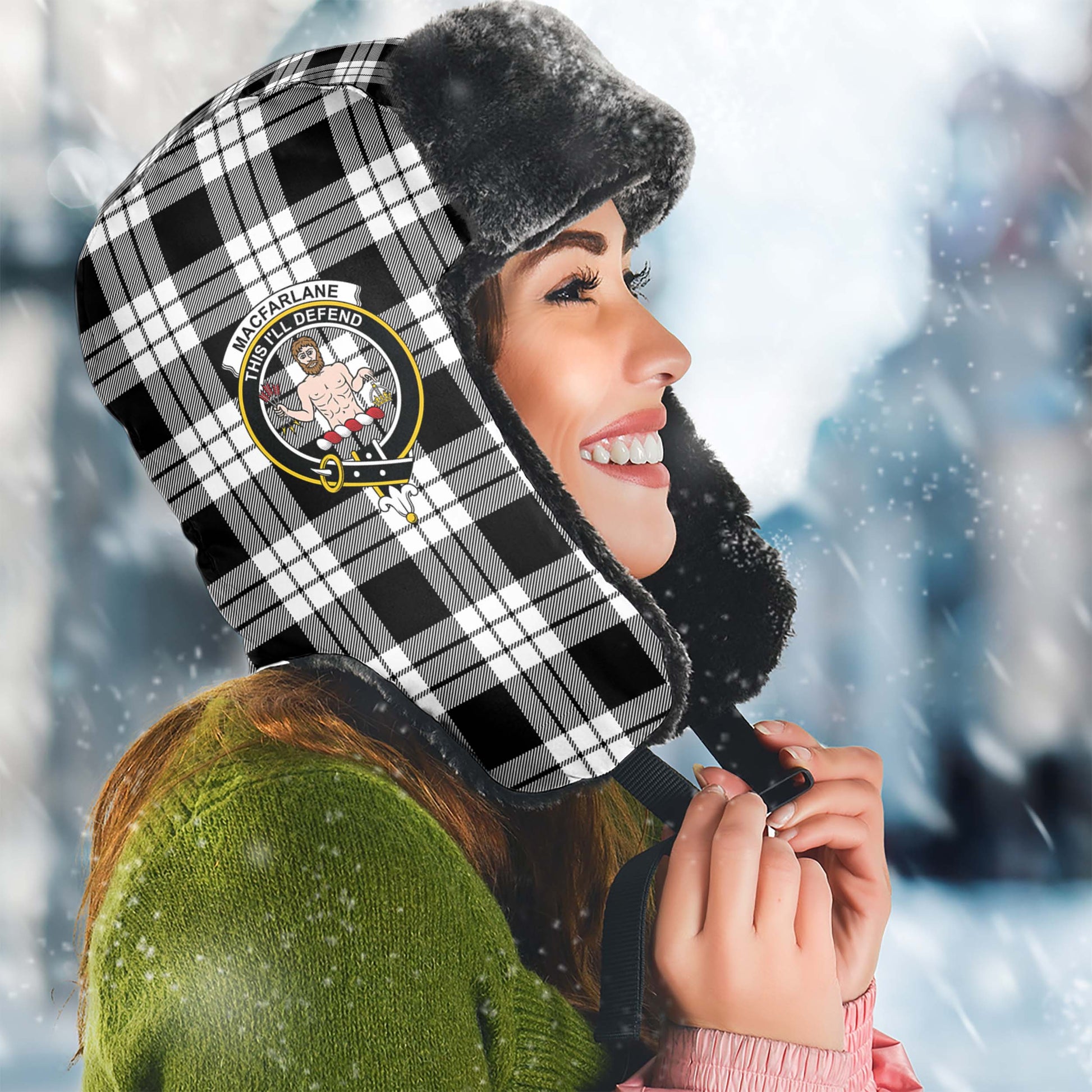 MacFarlane Black White Tartan Winter Trapper Hat with Family Crest Winter Trapper Hat Universal Fit Circumference 22.8in (58cm) - Tartanvibesclothing