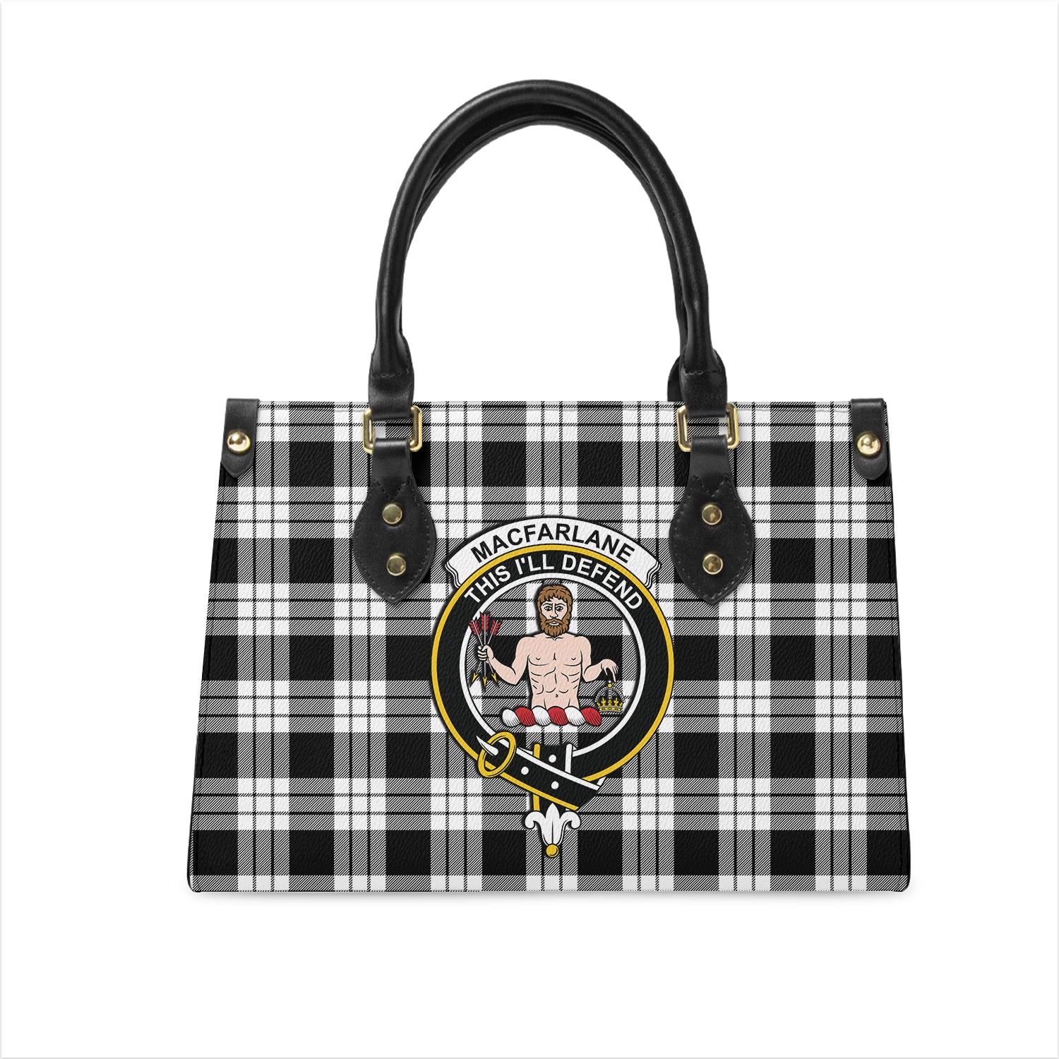 macfarlane-black-white-tartan-leather-bag-with-family-crest