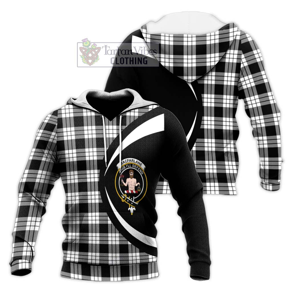 MacFarlane Black White Tartan Knitted Hoodie with Family Crest Circle Style Unisex Knitted Pullover Hoodie - Tartan Vibes Clothing