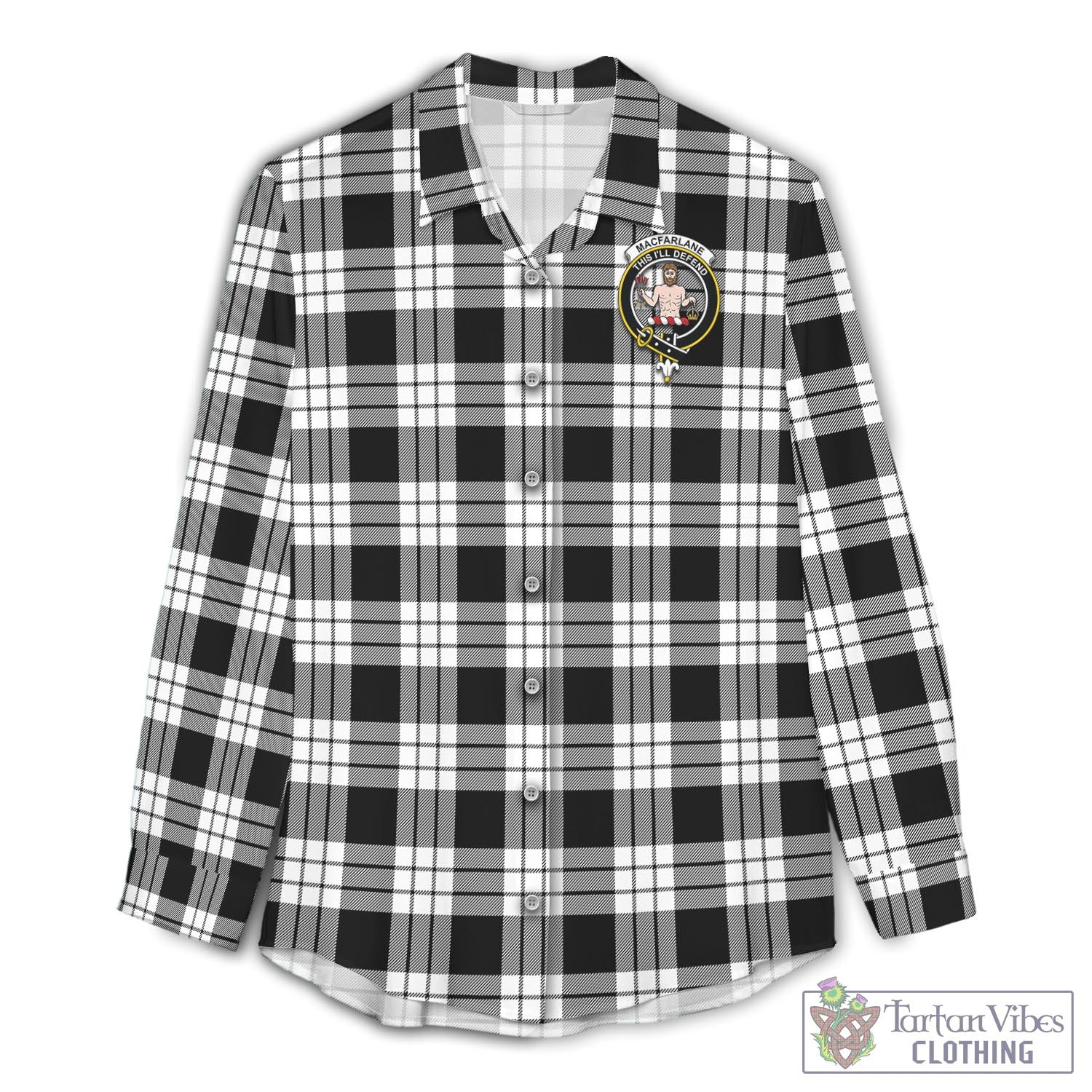 Tartan Vibes Clothing MacFarlane Black White Tartan Womens Casual Shirt with Family Crest